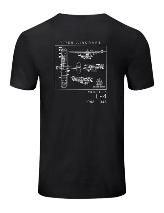 Seriously Soft Black T-Shirt w/Vintage Model J3-L4 Logo, Piper Cub Logo