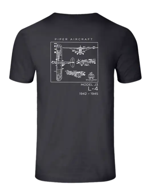 Seriously Soft Charcoal T-Shirt w/Vintage Model J3-L4 Logo, Piper Cub Logo