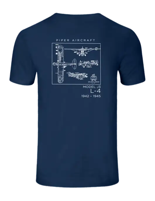 Seriously Soft Deep Slate Blue T-Shirt w/Vintage Model J3-L4 Logo, Piper Cub Logo