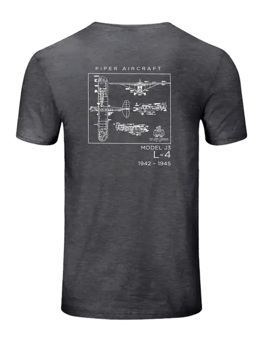 Seriously Soft Heathered Charcoal T-Shirt w/Vintage Model J3-L4 Logo, Piper Cub Logo