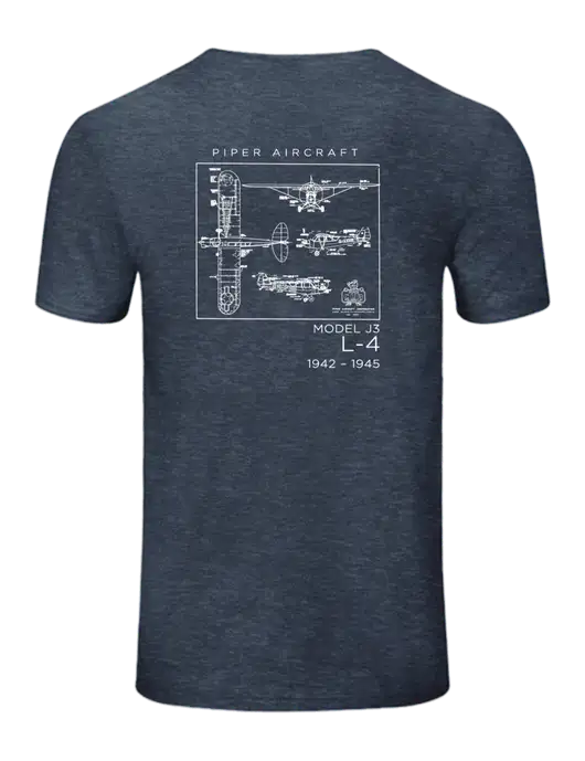 Seriously Soft Heathered Navy T-Shirt w/Vintage Model J3-L4 Logo, Piper Cub Logo
