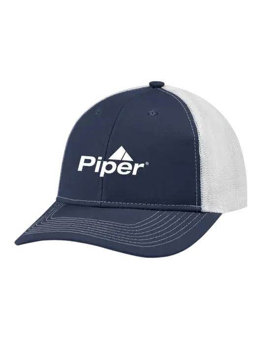 Snapback Ponytail Trucker Cap Navy w/White Mesh w/Piper Logo