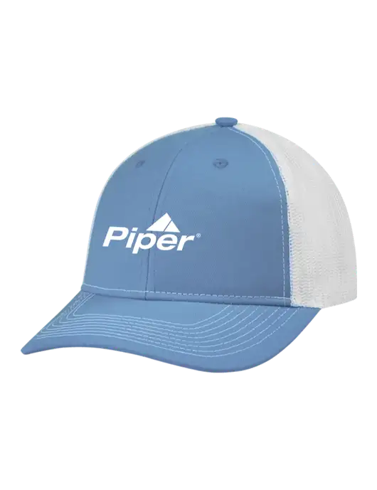 Snapback Ponytail Trucker Cap Carolina Blue w/White Mesh w/Piper Logo