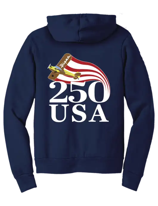 BELLA+CANVAS Navy Sponge Fleece Pullover Hoodie w/250 USA Design Logo, Piper Team Logo, American Flag Logo