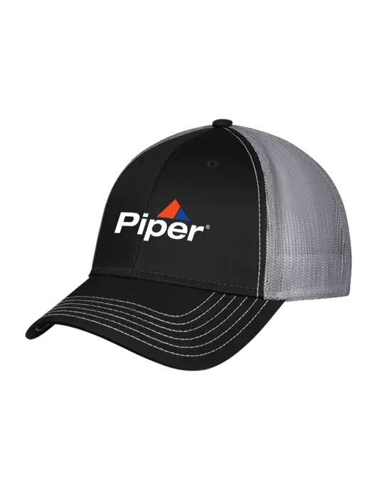 Black/Medium Dark Grey Mesh Trucker Cap Snap Back w/Piper Logo