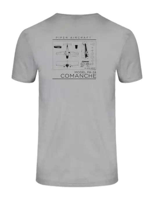 Ring Spun Silver 4.5 oz T-Shirt w/Comanche PA-24 Specs Design Logo, Piper Comanche Logo