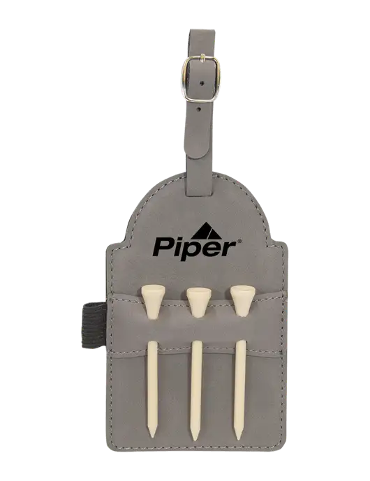 Grey Leatherette Golf Bag Tag with 3 Wooden Tees w/Piper Logo