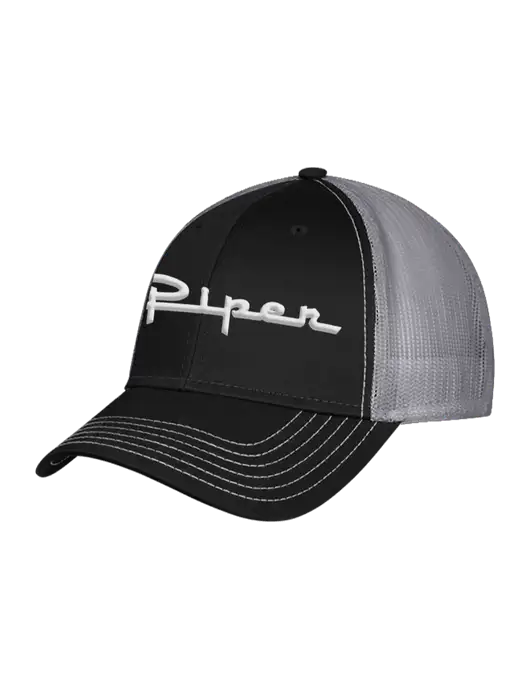 Black/Medium Dark Grey Mesh Trucker Cap Snap Back w/Vintage Piper Puff Logo