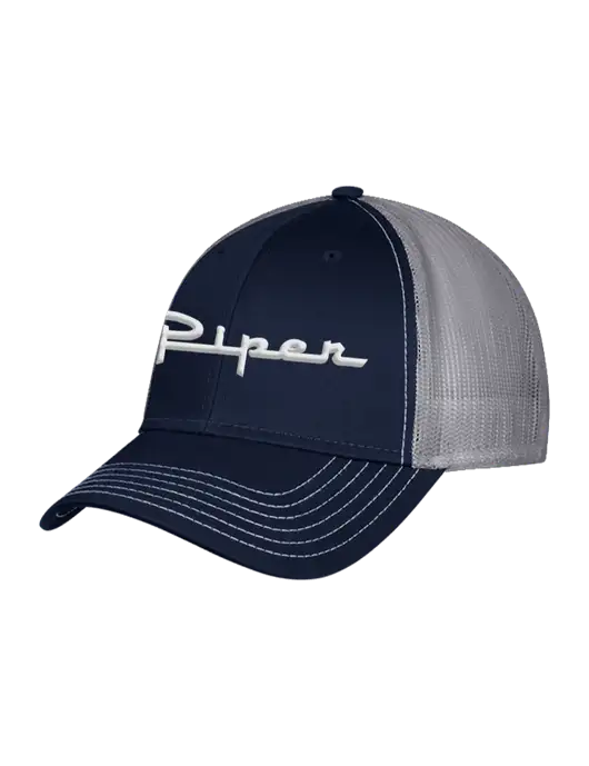 Navy & Grey Mesh Trucker Cap Snap Back w/Vintage Piper Puff Logo