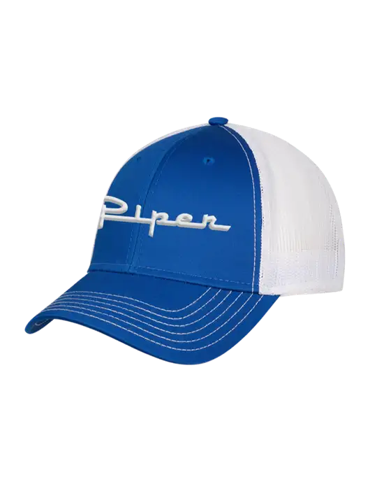 Royal & White Mesh Trucker Cap Snap Back w/Vintage Piper Puff Logo